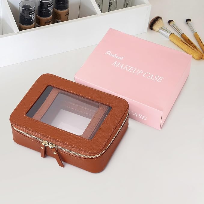Pinkmik Clear Makeup Bag, (Brown, M+MINI) | 2PC,Waterproof, Travel Case for Cosmetics and Toiletries, Women's Purse Organizer, Clear Car Bag with Zipper - Image 7