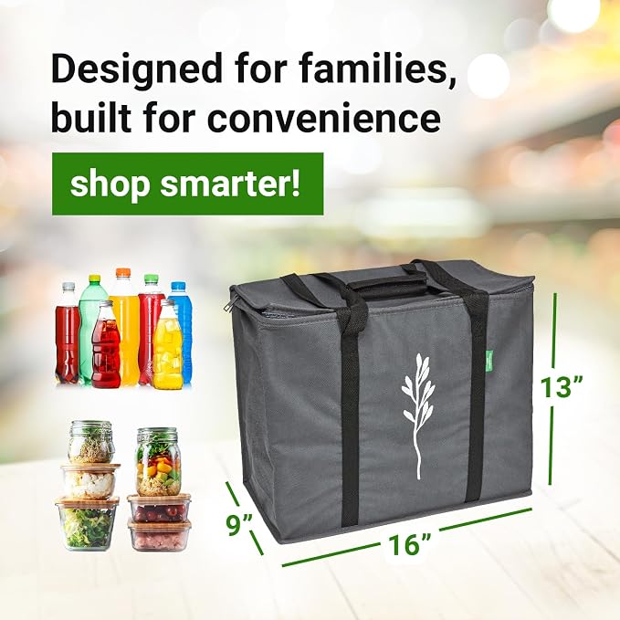 Green Bulldog 2Pack Insulated Grocery Bags – Foldable Reusable Cooler Bags with Handles for Everyday Use, Groceries, Food Delivery, and Shopping – 16”x9”x13”, Gray - Image 4