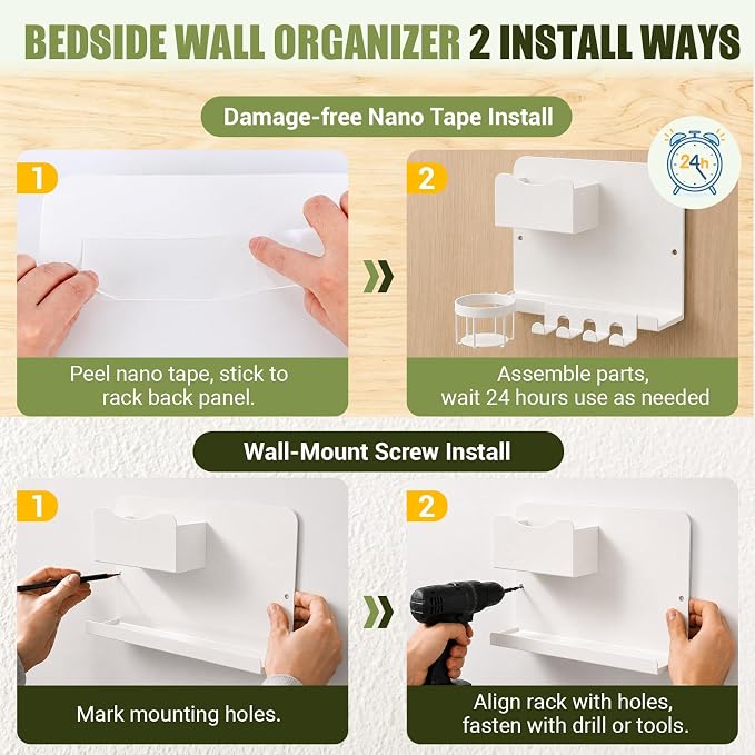 Floating Bedside Wall Shelf, Metal Bedside Wall Organizer with Detachable Cup Holder, No Drill Wall Mounted Storage for Bedroom, Dorm, Loft Bed, Bunk Bed & Small Space Organization - Image 6
