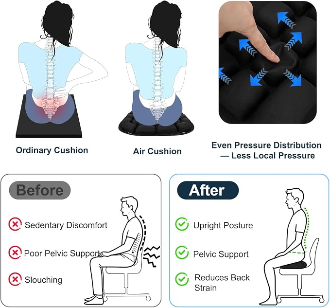 Inflatable Seat Cushion - Airplane Seat Cushion for Long Flights | Inflatable Seat Cushion for Air Travel, Stable & Firm Support for Outdoor Use, Stadium Bleachers & Office Chairs - Image 3