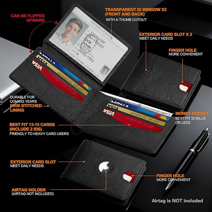 Wallet for Men Slim RFID Blocking Bifold Carbon Fiber,Minimalist Small Compact Front Pocket Credit Card Holder,Thin Mens Leather Wallets Smart Security With 2 ID windows 1 Cash (Cross Black) - Image 6