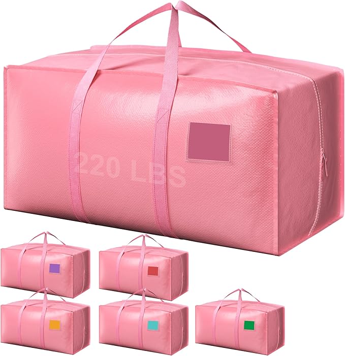 6 Pack Moving Bags with Full-Open Side Zipper, Extra Large 93L Heavy Duty Waterproof Foldable Storage Totes for College Dorm, Moving & Home Organization Pink by RMOHRO