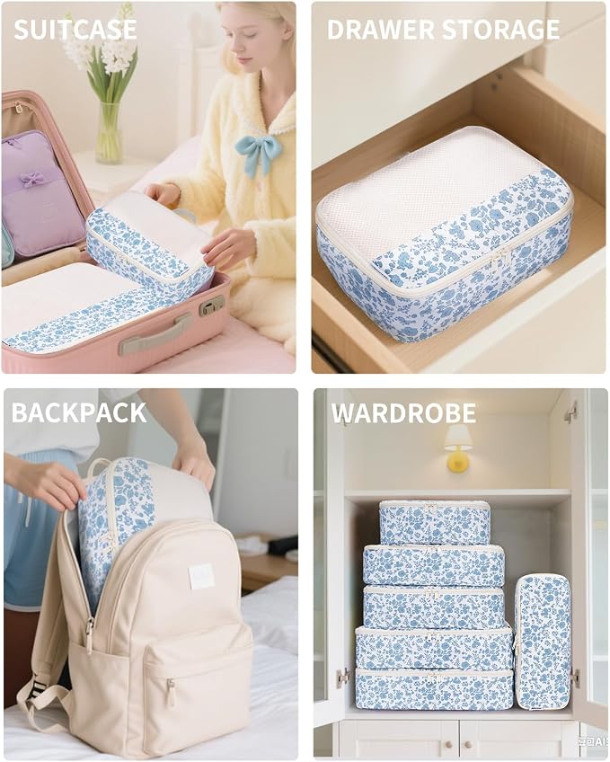 Narwey 7 Set Floral Packing Cubes for Travel Carry on Suitcase Luggage Organizer Bags for Kids Women Men, Durable Packing Organizers Bag, Travel Essentials Accessories (Blue Flower) - Image 7