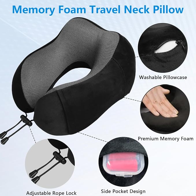 Airplane Pillow, Travel Neck Pillow with Memory Foam - Adjustable Buckle & Machine Washable Cover for Flights, Car, Office - Includes Eye Mask & Ear Plugs(Black) - Image 6