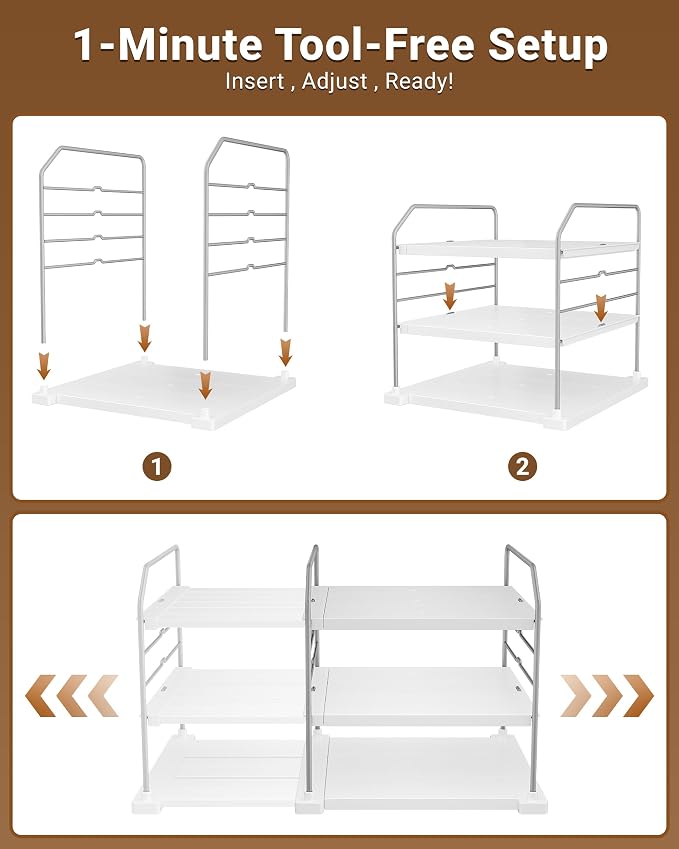 EVERIE Extendable 3-Tier Kitchen Cabinet & Pantry Organizer for Plastic Wrap, Foil & Storage Bags, Adjustable Heavy Duty Shelf Rack for Wrap Boxes, Jars & Snack Boxes (11–16.7 in Wide), Pack of 1 - Image 6