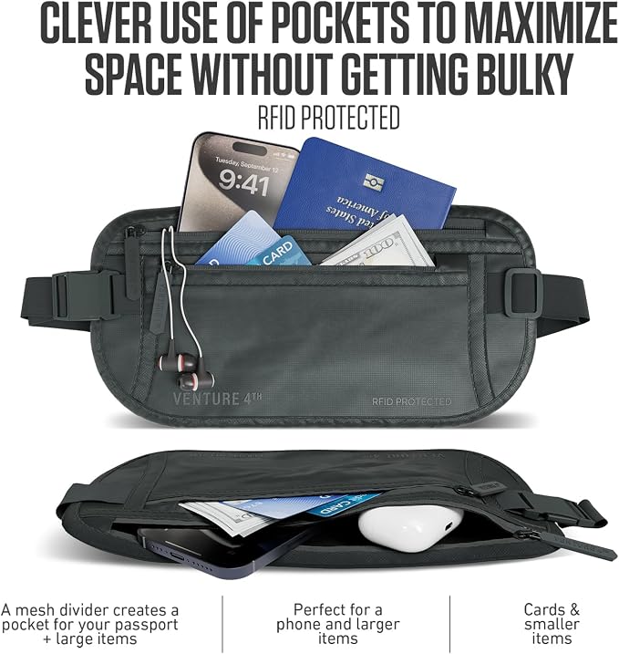 VENTURE 4TH Travel Money Belt, RFID Blocking Passport Holder - Sleek Gray - Image 2