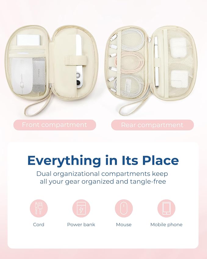 BAGSMART Travel Cord Organizer Electronics Case, Double Layers Puffer Cable Organizer Bag Travel Essentials for Women, Tech Organizer Case for Charger, Phone, Flash Drive - Beige - Image 2