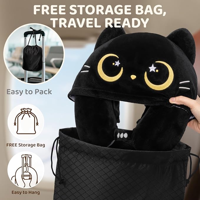 Mewaii Travel Neck Pillow, Airplane Pillow with Hood, Memory Foam, Gray | Neck Support, Reversible, Adjustable Strap, Washable Cover, Cat-Ear Hood, Storage Bag, for Flights, Adults & Teens - Image 8