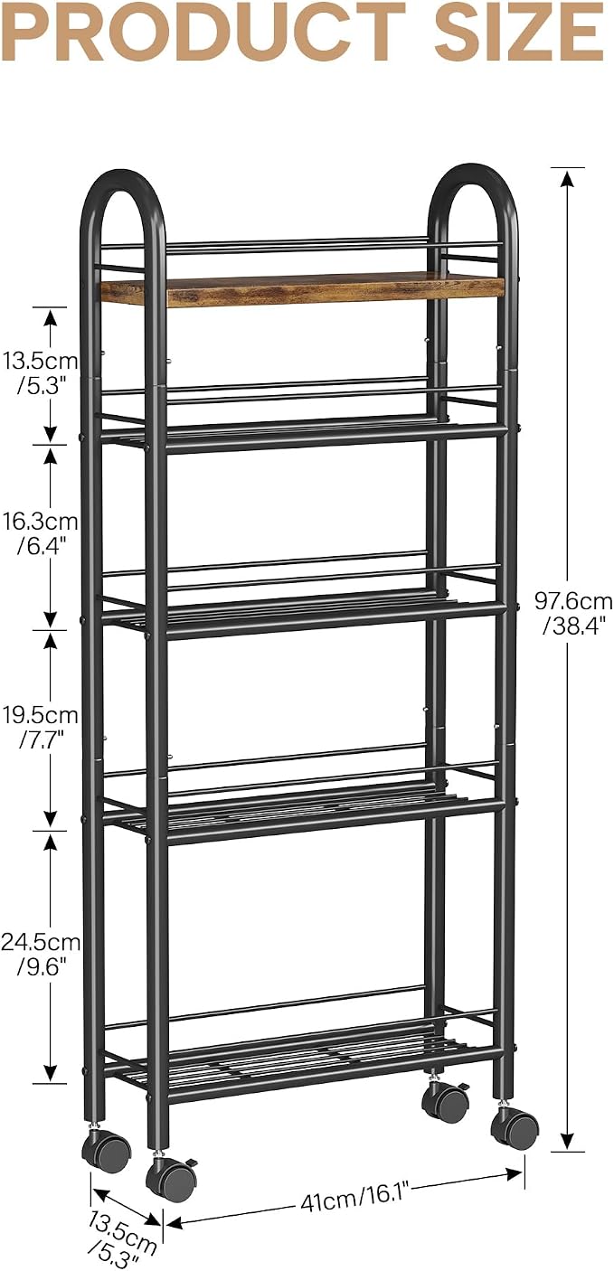 Slim Storage Cart, 5 Tier Narrow Utility Cart with Metal Frame and Wooden Top, Rolling Storage Organizer Shelving Unit for Kitchen, Dining Room, Living Room,Home Office, Vintage - Image 2