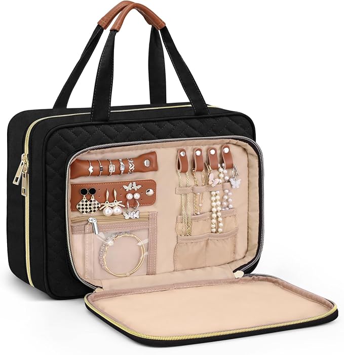 Toiletry Bag for Women, Hanging Travel Toiletry Bag with Jewelry Organizer Compartment Medium Makeup Bag, PVC Waterproof Cosmetic Travel Bag Trips Camping Bathroom, Black+Brown by Wedama