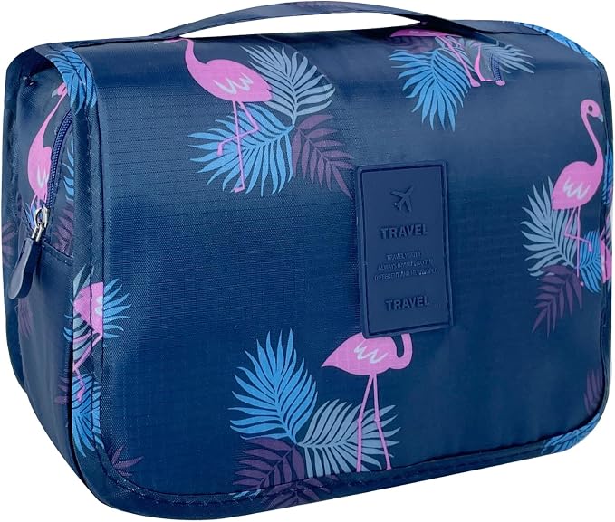 Lcsmaokin Large Capacity Toiletry Bag Travel Bag with Hanging Hook for Men and Women Waterproof Travel Cosmetic Bag Bathroom Storage Bag for Brushes Set,Full-Sized Shampoo,Accessories-Navy Flamingo by Lcsmaokin
