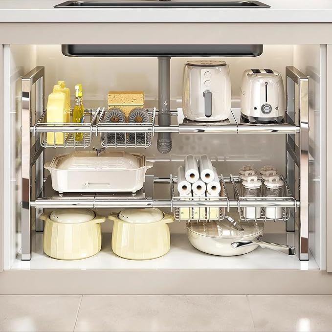 Large Under Sink Organizer 2 Tier Expandable Heavy Stainless Steel Shelf Adjustable Height for Under Kitchen Bathroom Sink Organizers and Storage (Large Size: 4 Panels 4 Storage Baskets) by ADEVZO