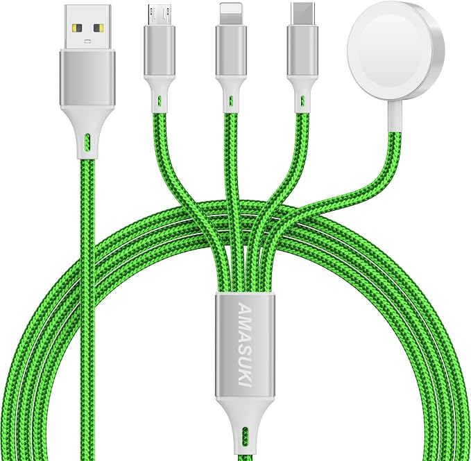 Amasuki Travel Essentials,4 in 1 for Apple Watch Charger/iPhone Charger/Multi Charging Cable,Vacation RV Camping Essentials,USB C/L/Micro Portable Charger for iWatch 11-1/iPhone 17-12,Car&Gift-Green by ChargeBeyondPowerWithin