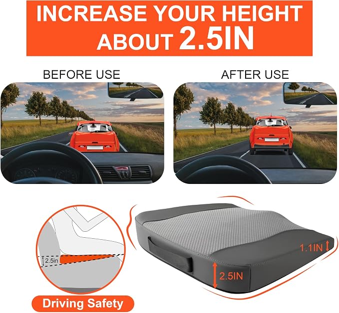 Lofty Aim Car Seat Cushion, Memory Foam Car Seat Cushions for Long Driving | Comfy Car Seat Pillow for Pain Relief, Driver Seat Cushion Adds Height, Butt Cushion for Car, Truck, Office Chair, Dark Gray - Image 4