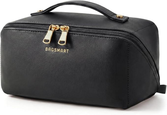 BAGSMART Makeup Bag Travel Cosmetic Bag,Women Toiletry Case, Brushes, Black | Make Up Bag Flat Open Toiletry Bag for Women, PU Leather Travel Essentials Wide-open Skincare,Brushes Organizer Case Large by BAGSMART