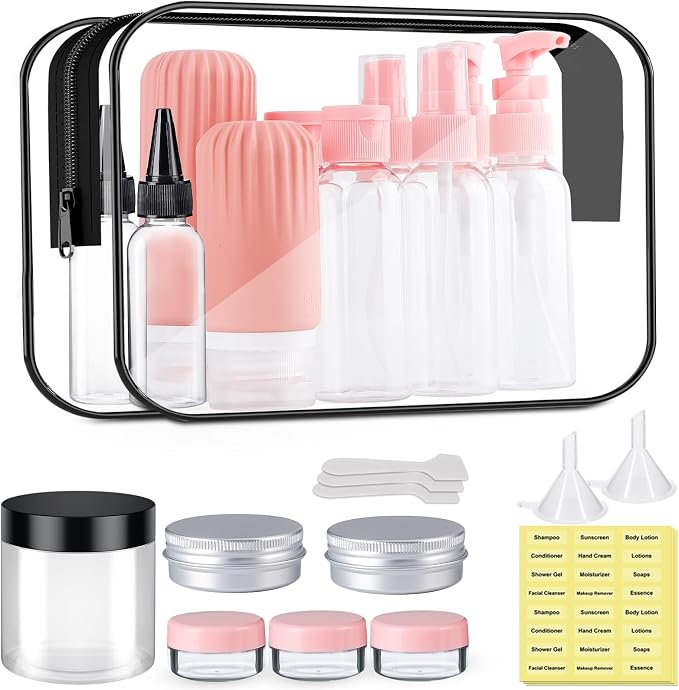 Travel Size Bottles for Toiletries 25Pack TSA Approved Toiletry Bottles Leak Proof Travel Kit with Clear Toiletry Bag Lotion Skincare Shampoo Cosmetic Container by KOUWICH
