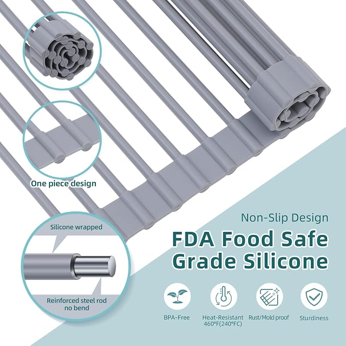 Ohuhu Over Sink Dish Drying Rack Silicone Wrapped 17.6" W x 15.4" L Large Over the Sink Roll Up Dish Drainer - Foldable Sink Drying Rack Rolling Drain Mats Anti-Slip Multipurpose for Kitchen Counter - Image 4