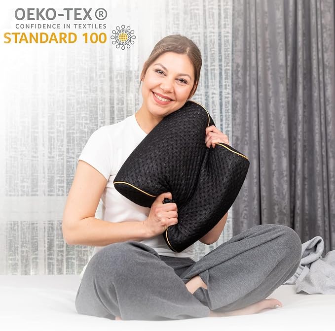 alkamto Travel & Camping Comfortable Memory Foam Pillow – Easy to Carry Portable Bag – Temperature Regulating Pillow Case (Black Contour) - Image 7