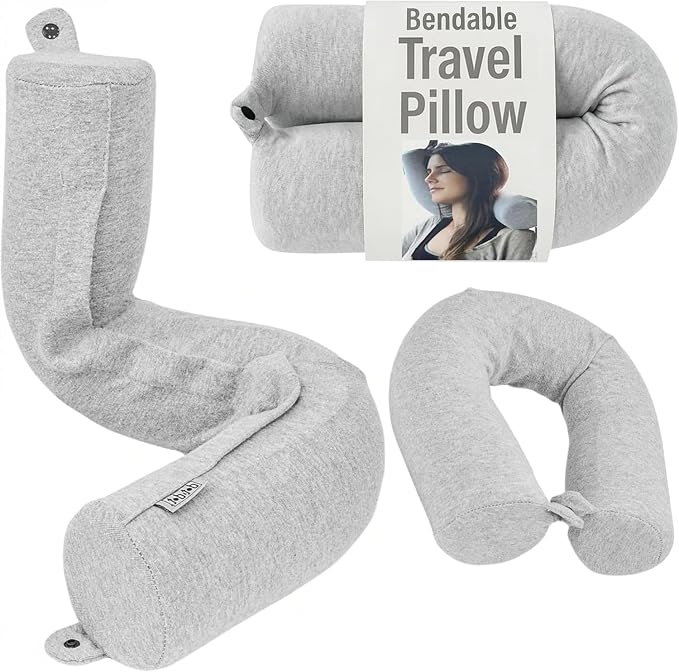 Dot&Dot Twist Memory Foam Travel Pillow, Bendable Neck Pillow for Airplane, Car and Home, 26-Inch Adjustable Roll with Washable Cotton Cover, Gray by DotDot