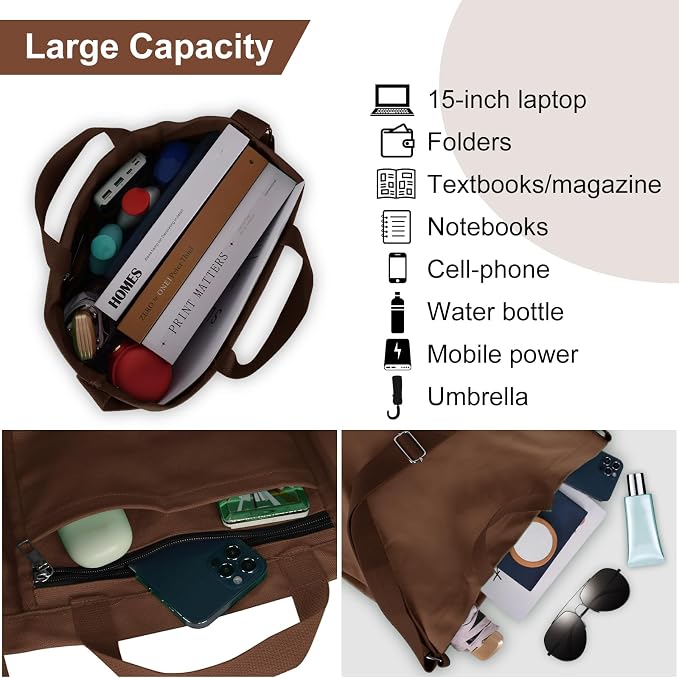Women's Canvas Tote Bag inside Out Bag with Adjustable Crossbody Strap for Work Travel Shopping Durable Handbag for Men - Image 4