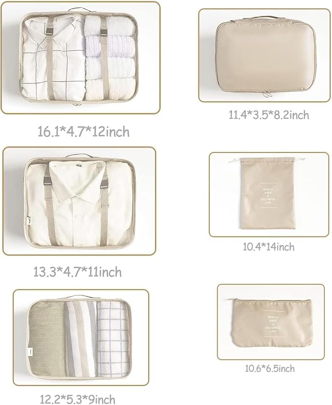 LANSKLBD 6/8 Set Packing Cubes for Suitcases Travel Luggage Packing Organizers,Travel Accessories Essentials Luggage Organizer with Shoe/Tioletry/Laundry Bag (Beige, 6 set) - Image 7