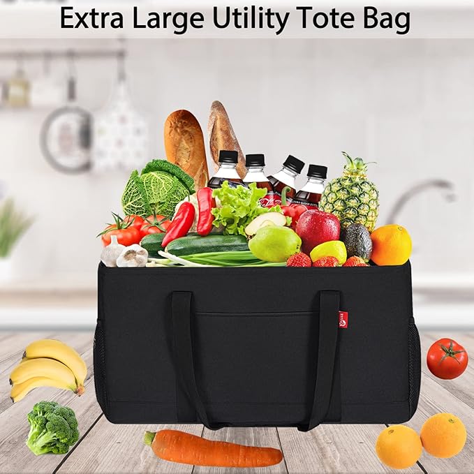 Extra Large Utility Tote Bag, Foldable Reusable Grocery Bags with Metal Wire Frame & Reinforced Bottom Board, Stand Up Large Utility Tote for Shopping, Beach Bag, Laundry, Car (Black) - Image 3