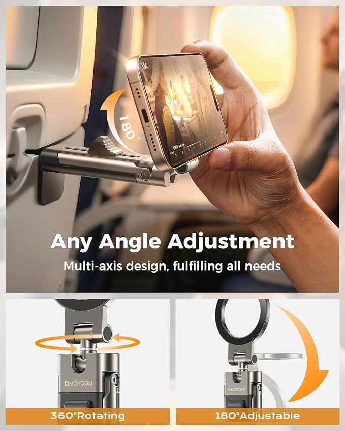 DIMONCOAT for Metal Magsafe Airplane Phone Holder, Travel Essentials Mount | [24*N55 Ultra Magnetic] 360° Adjustable Hands-Free Flying Phone Stand for Women Men, for iPhone 17 16 15 Pro Max - Image 4