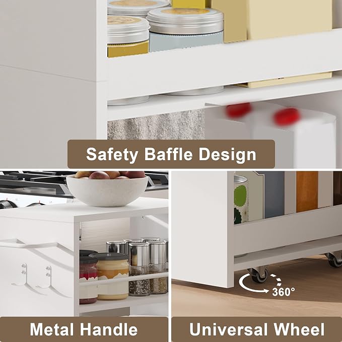 ChooChoo 4-Tier Bathroom Storage Cart, 7.87 inches Wide Narrow Storage Cabinet with 360° Wheels and 2 Hooks, Laundry Room Storage Organizer for Kitchen, Narrow Places, Living Room, White - Image 4
