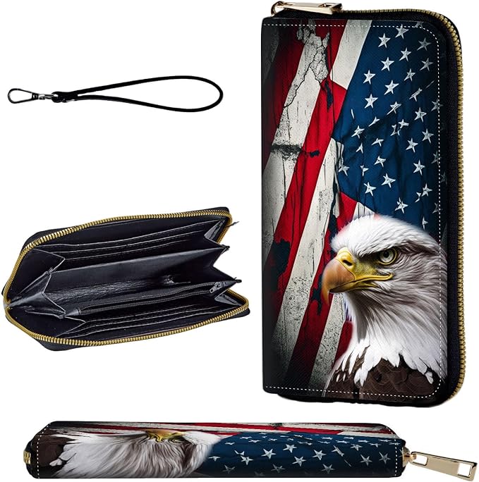 Wallet,Leather Long Wallet Suitable For Ladies And Teenagers - Detachable Wristband + RFID Travel Wallet With Card Slot - Bald Eagle American Flag by Unknown