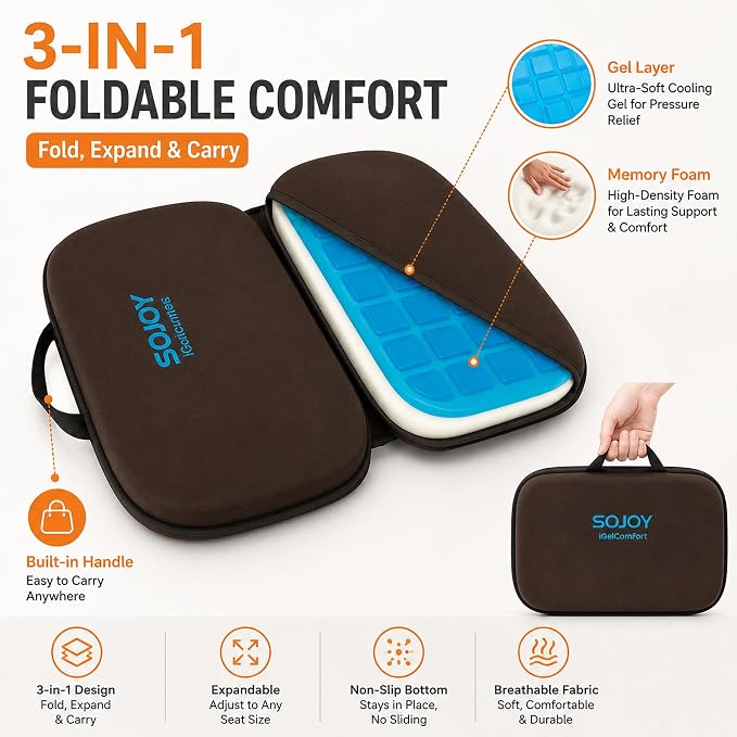 3-in-1 Foldable Gel Seat Cushion with Memory Foam Ergonomic Portable Cushion for Back Pain & Tailbone Relief - Perfect for Office Chair, Airplane Travel & Stadium Seats (18.5" x 15" x 2" Brown) - Image 2
