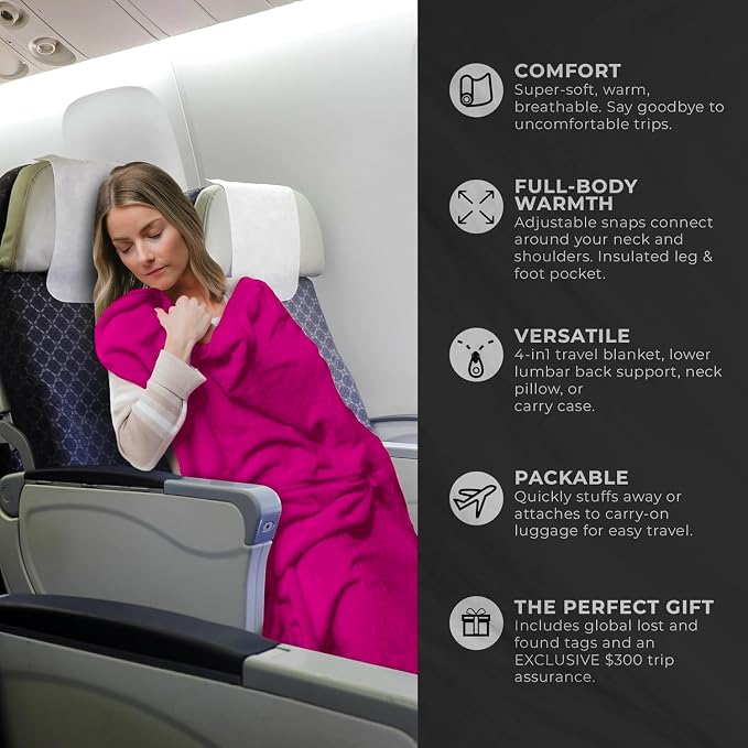 Zero Grid Lightweight Airplane & Travel Blanket with Foot Pockets, Hot Pink | Compact Wearable Blanket with Neck Snaps, Zips & Converts to Soft Pillow for Ultimate Comfort - Image 2