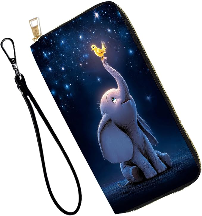Women's RFID Blocking PU Leather Zip-Around Wallet, Large Capacity Clutch with Phone Holder, Travel Purse & Card Organizer with Removable Wristlet,Starry Sky Elephant Bird by Unknown