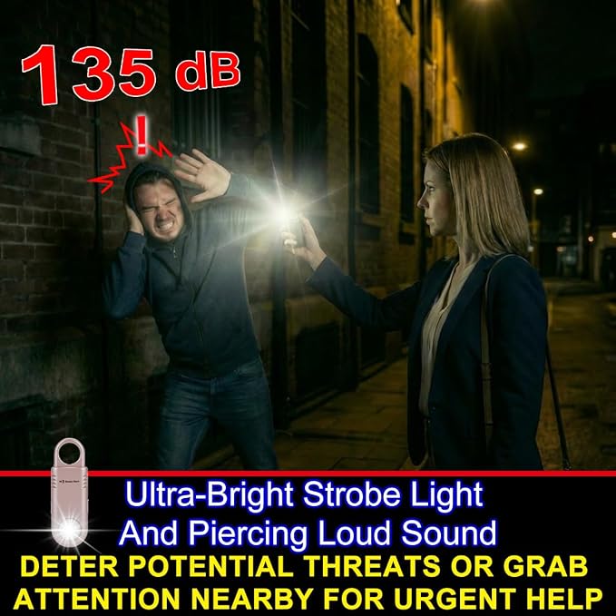 135dB Rechargeable Personal Safety Alarm Strobe Light Flashlight Keychain Siren for Women, Girls, College, School Students Emergency SOS Alerts Loud Sound Hiking Alarm Torchlight Bear Deterrent. Gold - Image 2