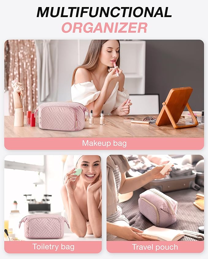 BAGSMART Travel Makeup Bag, Cosmetic Bag Make Up Organizer Case,Large Wide-open Pouch for Women Purse for Toiletries Accessories Brushes Pink - Image 4