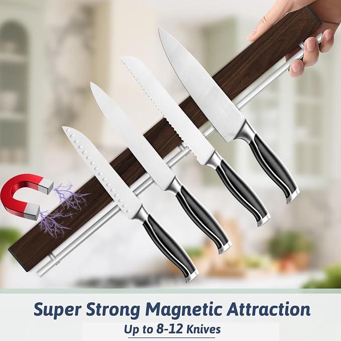 23 Inch Magnetic Knife Holder for Wall - Stainless Steel Magnet Knife Strip No Drill with 15 Hooks/Adhesive Tape/Screws, Wall Mounted Kitchen Utensil Holder, Walnut-Finish Magnetic Knife Organizer - Image 5