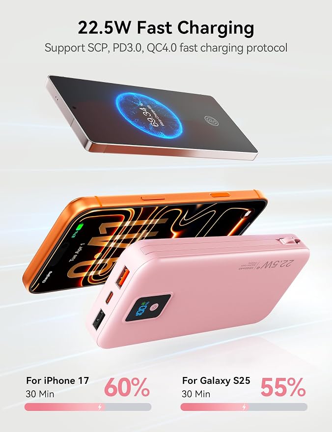 Portable Charger 12000mAh 22.5W w/Built-in Cable & Wall Plug Pink | 22.5W fast charging, LED display, Charging 5 devices at once, Pass through charging, TSA approved, Compatible with iPhone - Image 4
