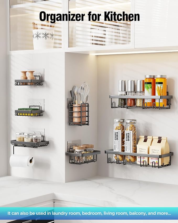 Shower Caddy 7 Pack, Adhesive Bathroom Shower Organizer for Bathroom Storage, No Drilling Large Capacity Rustproof Stainless Steel Shower Shelves Rack for Bath, Black - Image 9