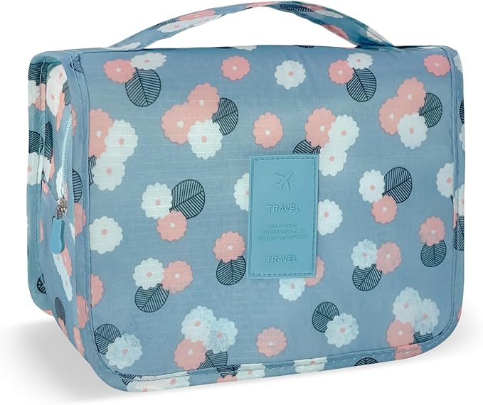 Lcsmaokin Large Capacity Toiletry Bag Travel Bag with Hanging Hook for Men and Women Waterproof Travel Cosmetic Bag Bathroom Storage Bag for Brushes Set,Full-Sized Shampoo,Accessories-Blue Flower by Lcsmaokin