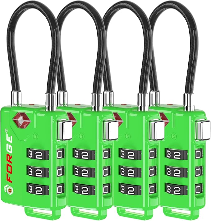 TSA Approved Cable Luggage Locks, Re-settable Combination with Alloy Body (Green 4 Locks) by Forge