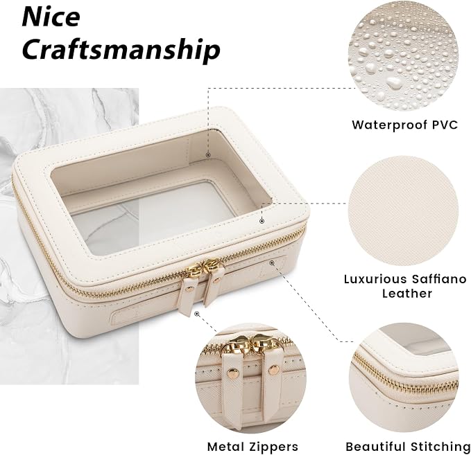 Aveniee Clear Makeup Bag Organizer Set,Portable Travel Toiletry Case for Women, Vegan Leather Cosmetic Pouch Car Bag for Essentials 2pcs,Middle & Large,Beige - Image 6