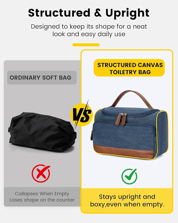 Vorspack Structured Canvas Travel Toiletry Bag for Men, Medium-Navy Blue | Upright Travel Bag with Wet Pocket, Wide Opening, Bathroom Organizer for Shaving Grooming Skincare, Travel Essentials, Gifts - Image 2