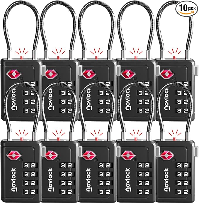 TSA Approved Luggage Locks, Travel Locks with Inspection Indicator | TSA008, Easy to Read Dials, 4 Digit Combination, Flexible Steel Cable, for Suitcases, Backpacks, Bags, 10-Pack, Black by Unknown