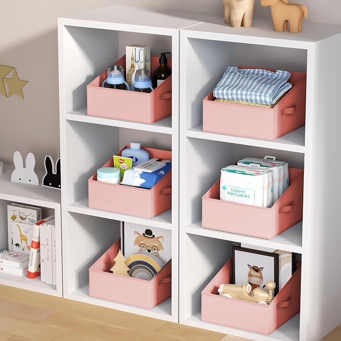 DIMJ Closet Storage Bins - Fabric Storage Baskets for Shelves, Collapsible Clothes Organizer with Handles for Purse, Toys, Books, Towel, Clothes, PInk, 6 Bins 11.4"x11.4"x7.8" - Image 7