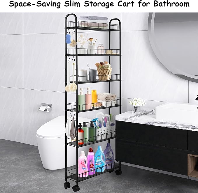 6-Tier Slim Rolling Storage Cart with Wheels, Tall Narrow Storage Shelves for Small Spaces, Metal Utility Cart Mobile Shelving Unit on Wheels for Kitchen, Bathroom, Office - Image 3