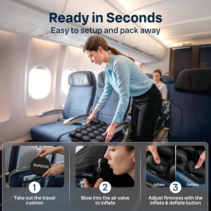 Sondur™ Travel Cushion for Long Flights – Inflatable Airplane Seat Cushion | TSA Approved Sit Pad for Plane Rides · Butt Pillow for Airline Seats · Stadium & Office Seat Cushions · Portable Support - Image 5