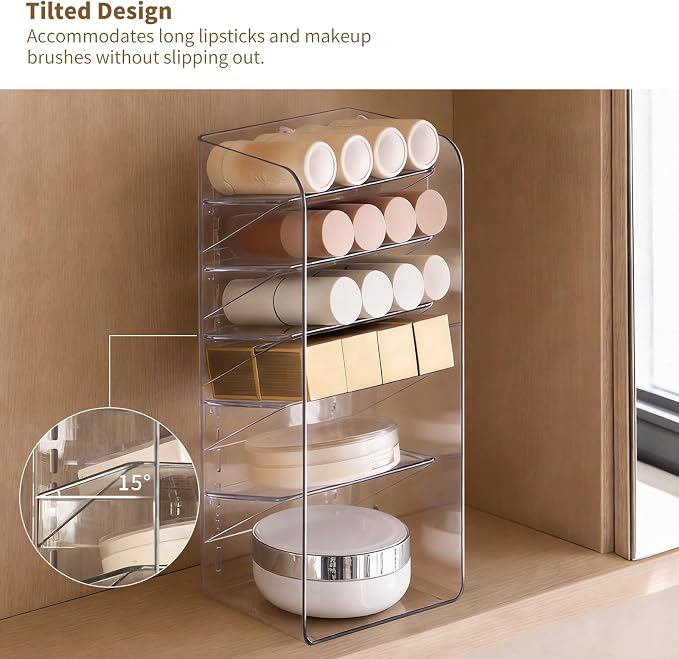 PAVSTINE Medicine Cabinet Organizer with Adjustable Dividers, Clear Vertical Layered Backward Slanting Shelves for Pressed Powder/Lip Gloss/Mascara Storage (5-Tier Gentle Slant) - Image 3