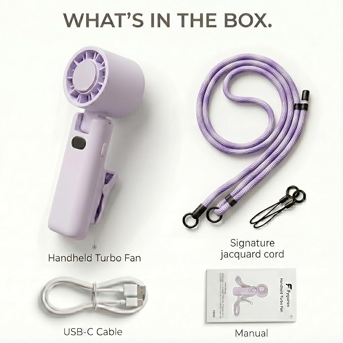 fygurso Personal Portable Clip-on Handheld Fan Rechargeable, Purple | Neck-Crossbody fit lanyard. Detachable clip. 10H battery. LED monitor. 5-Speed from 30dB low noise to 10000rpm blast. - Image 4