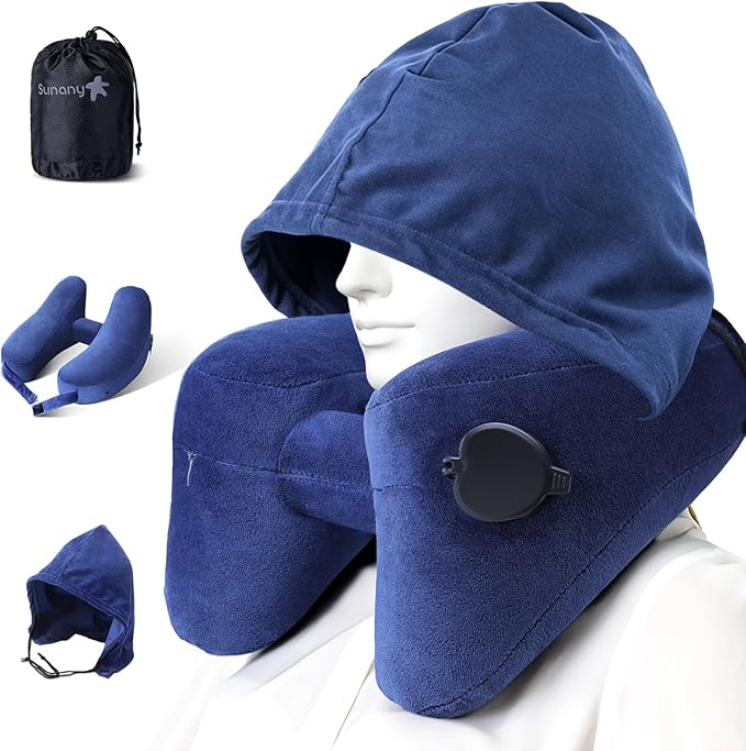 Sunany Travel Neck Pillow for Airplane Pillow Comfortably Supports Head, Neck and Chin, Inflatable Travel Pillow with Soft Velour Cover and Portable Drawstring Bag (Dark Blue, H-Shape) by Sunany