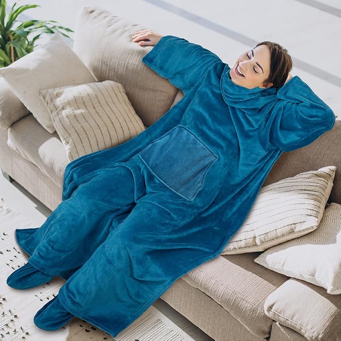 PAVILIA Fleece Blanket with Sleeves, Foot Pockets for Women Men Adults, Plush Wearable Blanket Throw Wrap, Warm Snuggle Blanket Robe, Cozy Gift Ideas Wife Mom Teal Blue - Image 3