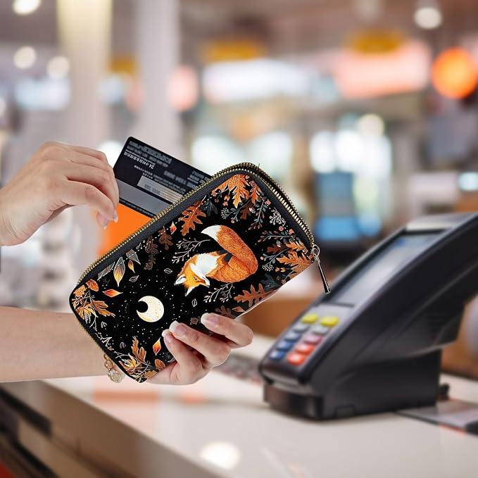 Wallet,Leather Long Wallet Suitable For Ladies And Teenagers - Detachable Wristband + RFID Travel Wallet With Card Slot - Cute Fox Moon with Plants - Image 5